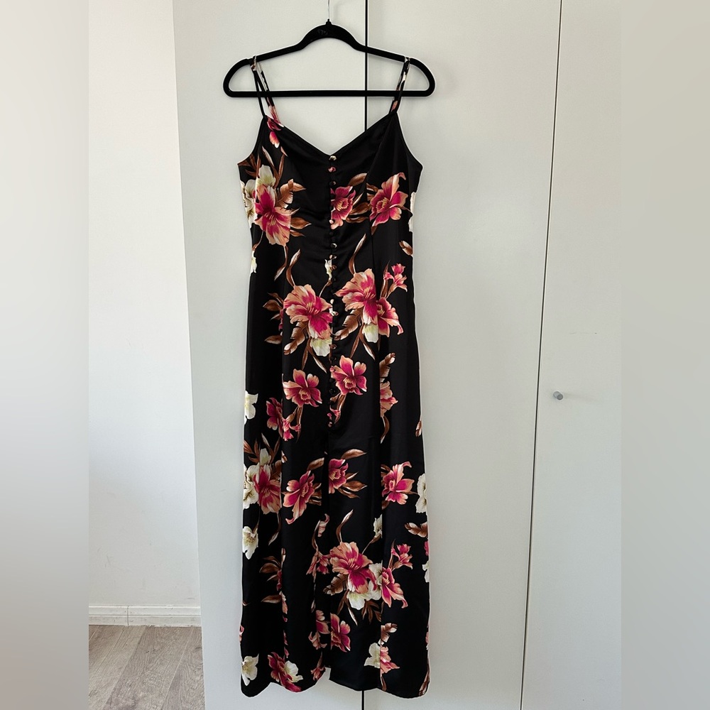 AFRM Button Up Sleeveless Sweetheart Maxi Dress Womens M Black Satin Floral